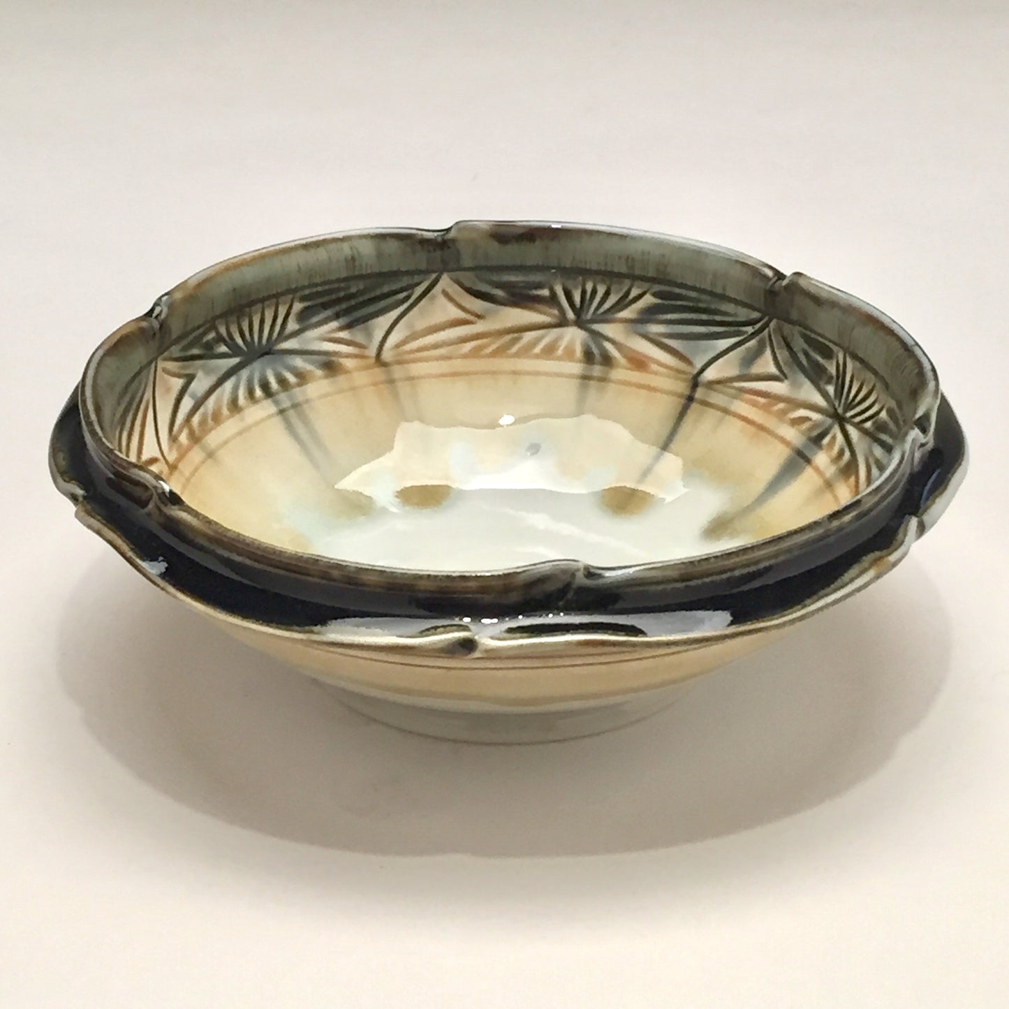 Bowl - Pale yellow, split rim, carved bowl, by Kathryne Koop